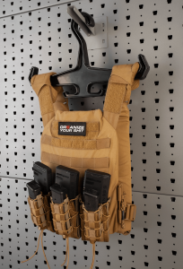 Heavy-Duty Hook & Vest Hanger set Both the Hook and Hanger are meant for heavier equipment like plate carriers.  Also works great for vests and chest rigs.  The hook holds the vest away from the rack to fit rear mounted pouches.